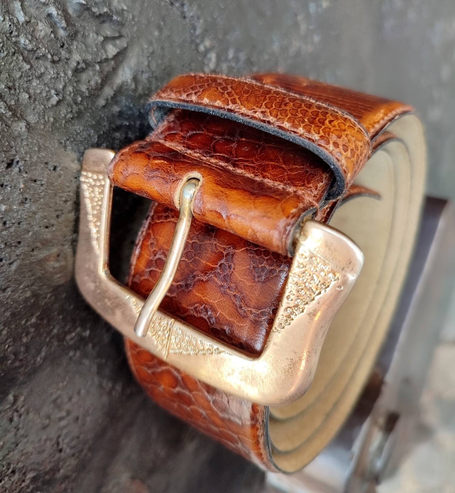 Vintage Leather Belt with statement gold-colored buckle| Made in Italy oversized waist belt
