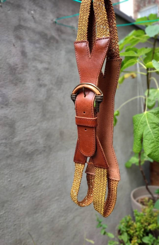Vintage Woven and Leather Belt| Bohemian Statement brown waistbelt with bold details