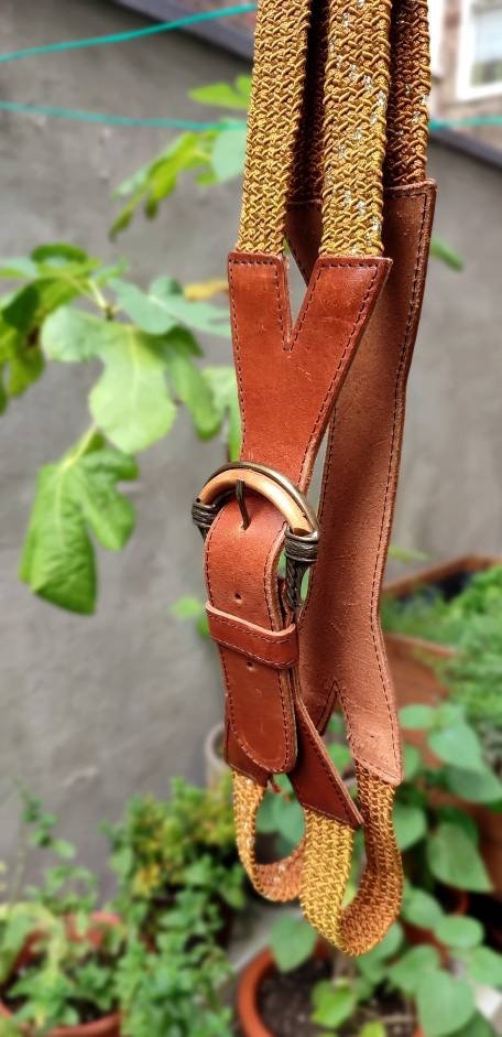 Vintage Woven and Leather Belt| Bohemian Statement brown waistbelt with bold details