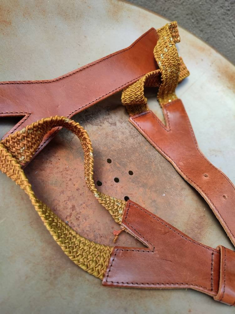 Vintage Woven and Leather Belt| Bohemian Statement brown waistbelt with bold details