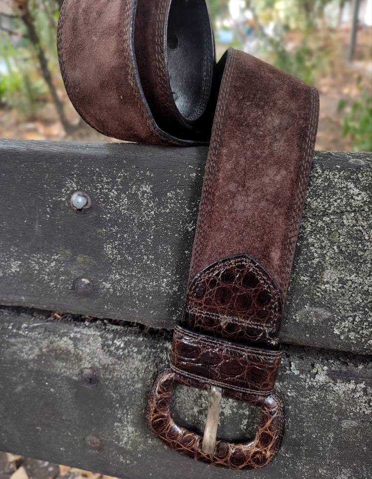 90s Paradiek Cologne Belt| Vintage Brown Suede Belt with exotic details and statement buckle