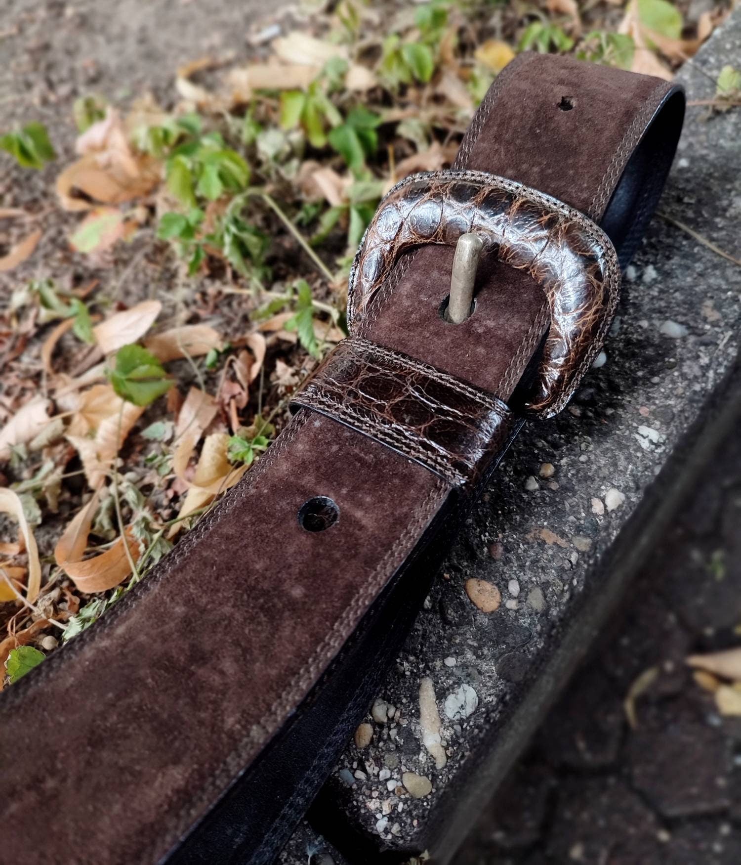 90s Paradiek Cologne Belt| Vintage Brown Suede Belt with exotic details and statement buckle