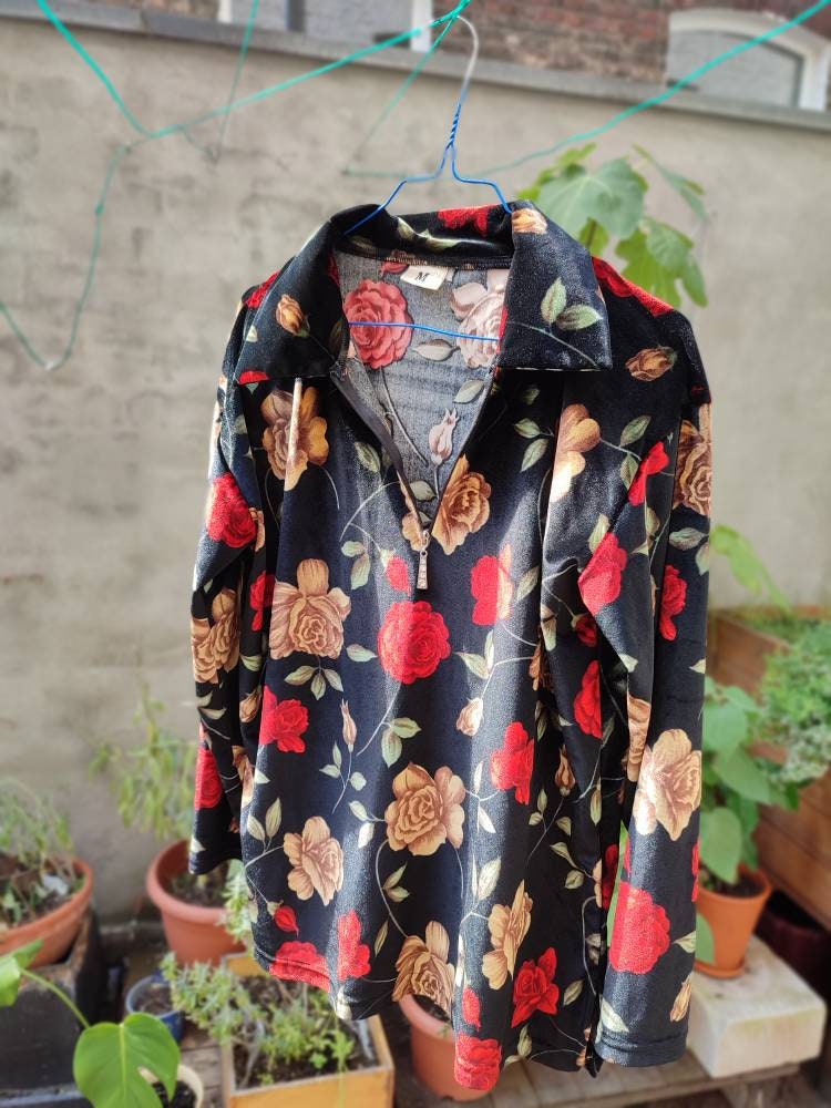 90s Floral Print Sweater| Vintage long sleeved sweatshirt with floral print and bling zipper streetwear