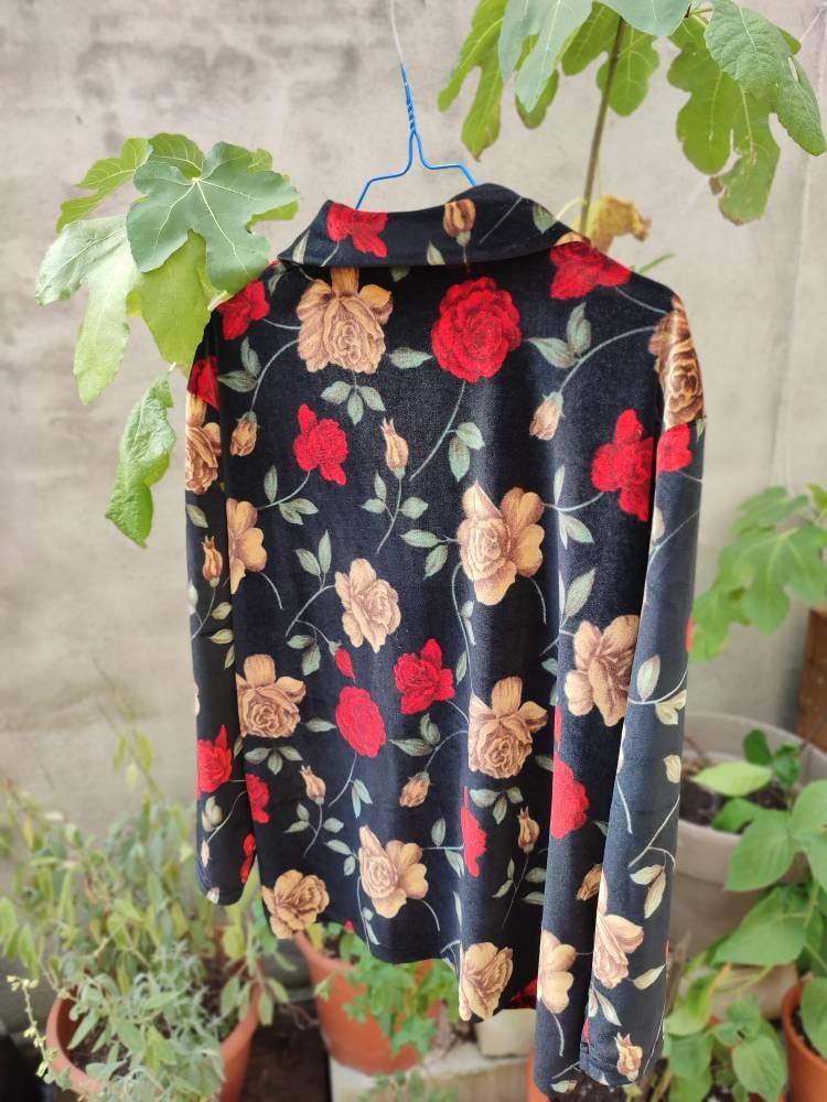 90s Floral Print Sweater| Vintage long sleeved sweatshirt with floral print and bling zipper streetwear