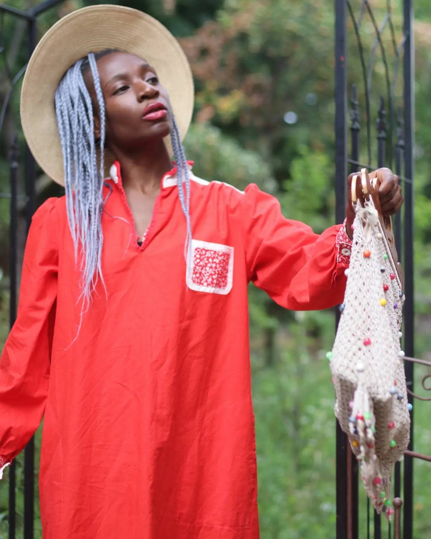 70s red cotton Summer dress| Country Inspired vintage design with pockets and floral print details