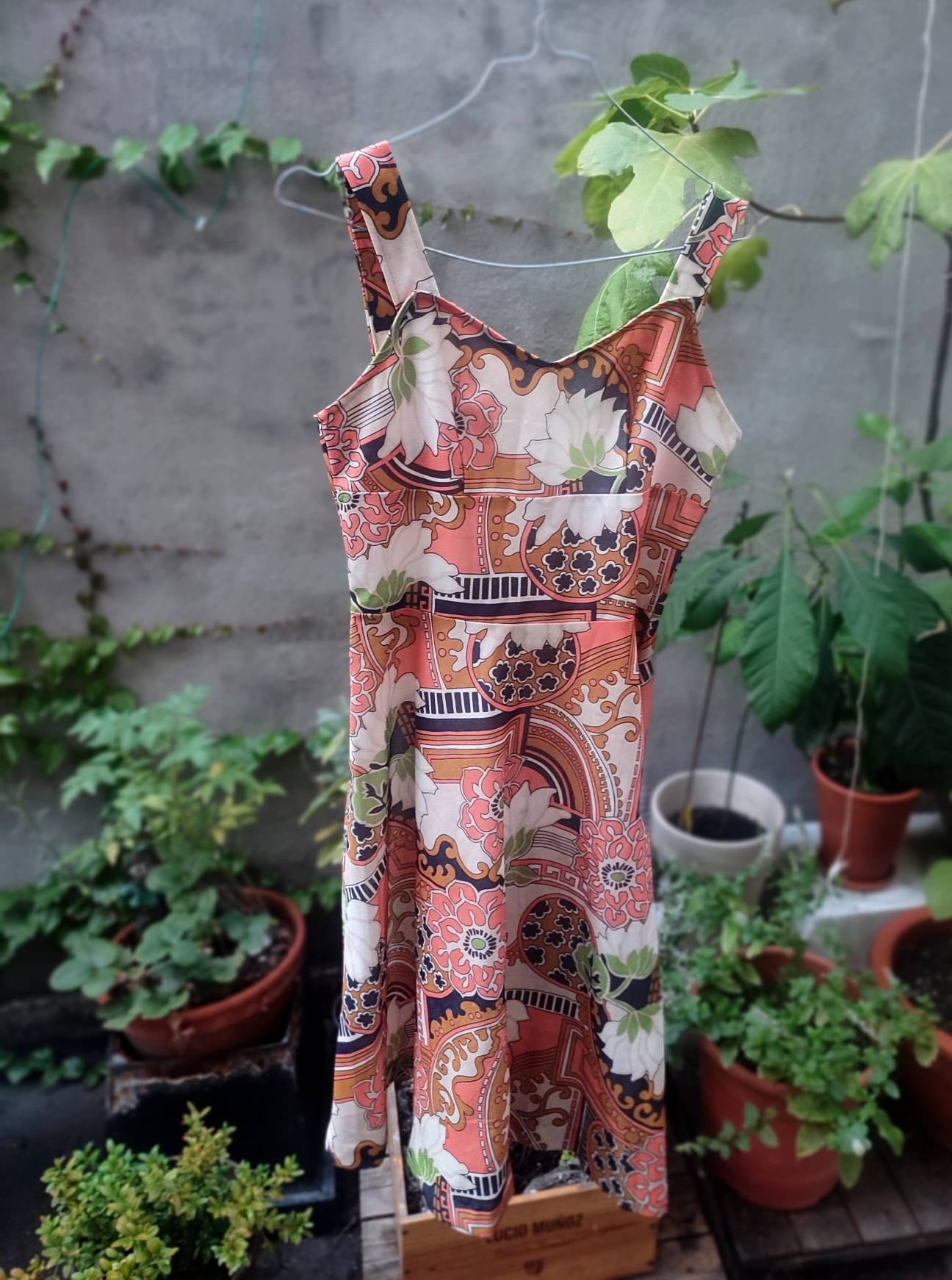 Vintage Trevira Abstract and Floral Print Dress | Retro 70s bold spaghetti strap summer design