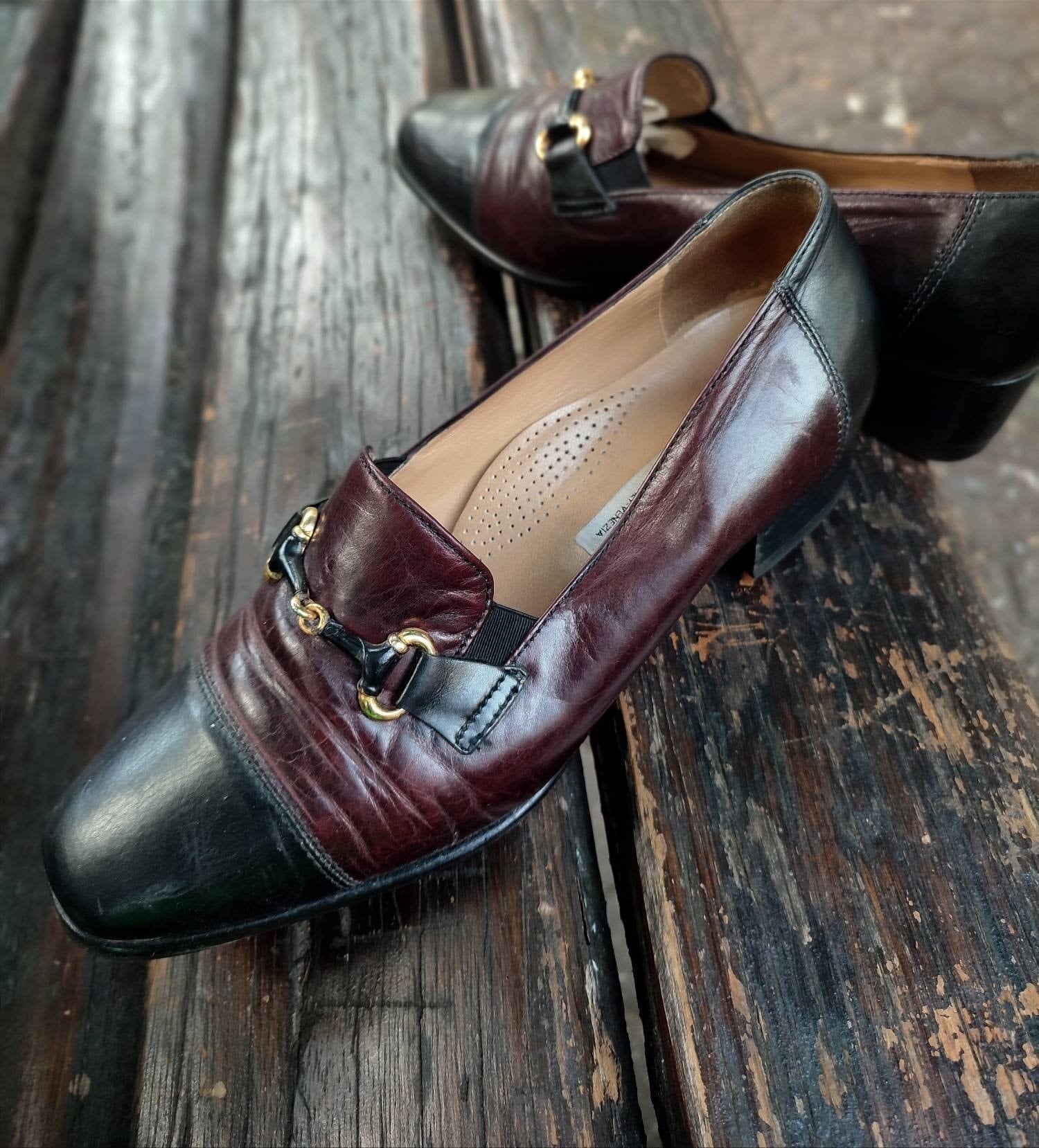 80s Martina Leather Loafers| Vintage Classic Brogues in dark red and black