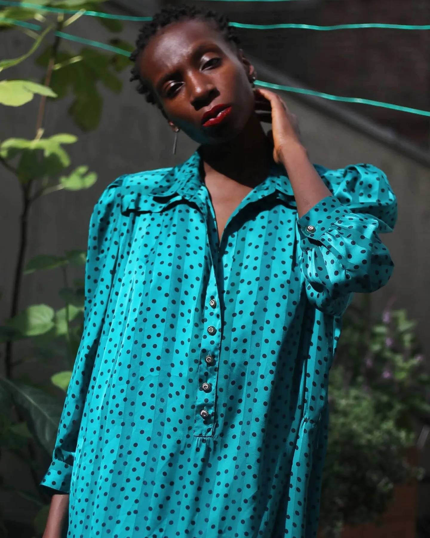80s Fink Modell polka dotted green dress| Vintage drop waist long sleeved quirky dress