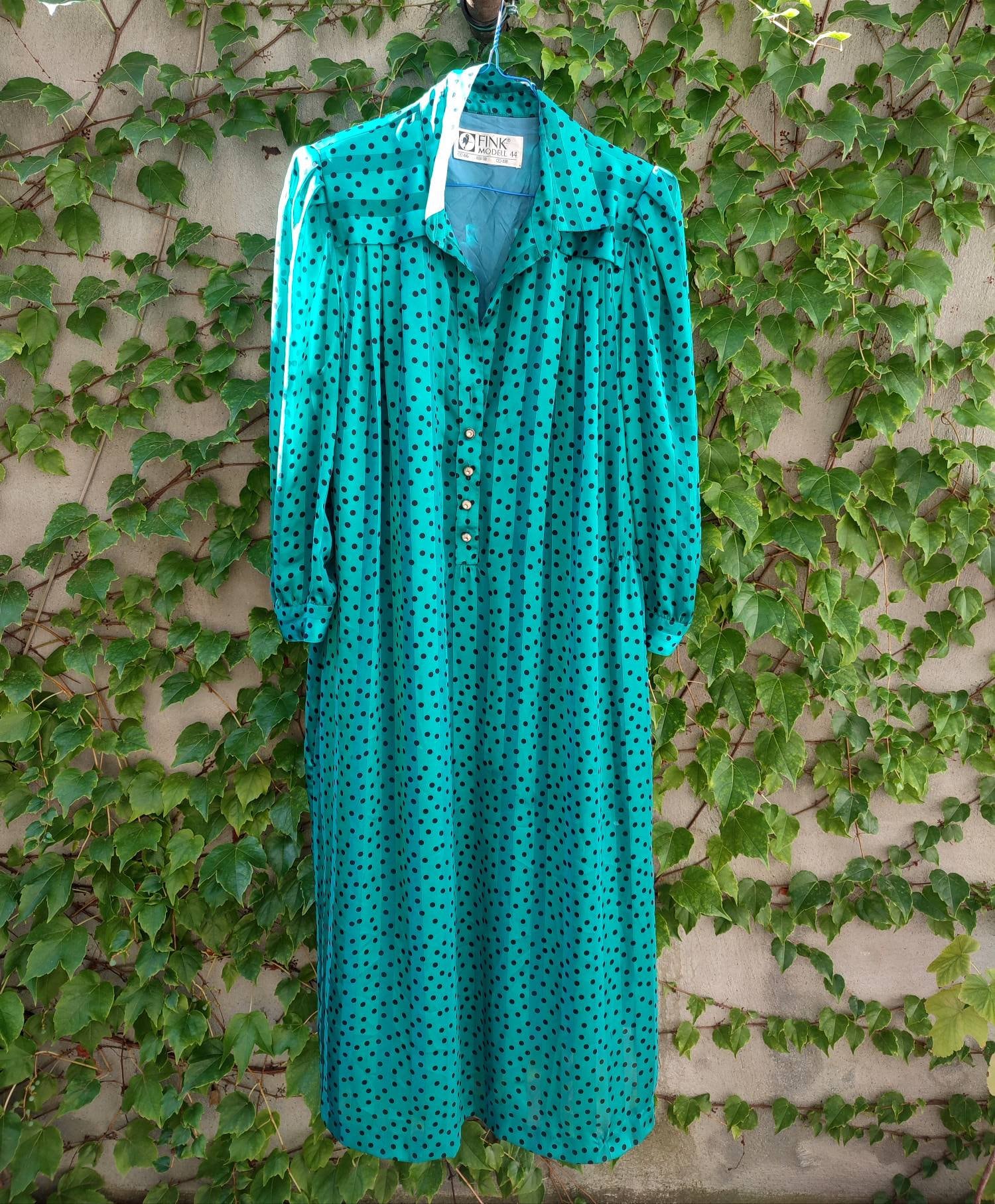 80s Fink Modell polka dotted green dress| Vintage drop waist long sleeved quirky dress