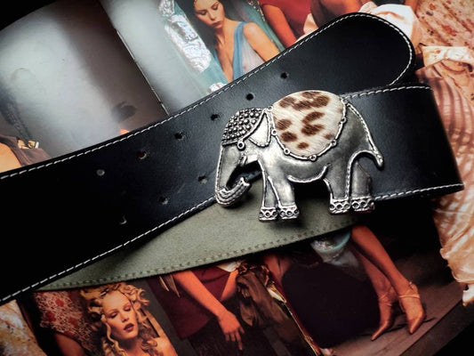 Vintage Elephant Buckle Belt | 80s statement Black leather belt with silver like buckle