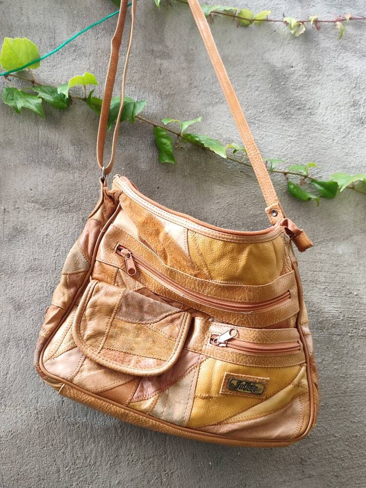 70s patchwork leather shoulder bag| Vintage Juliette brown suede and leather bohemian design
