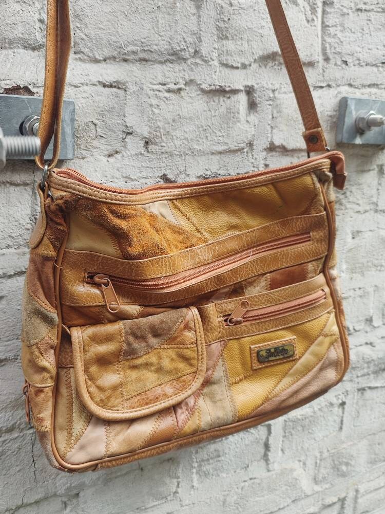 70s patchwork leather shoulder bag| Vintage Juliette brown suede and leather bohemian design