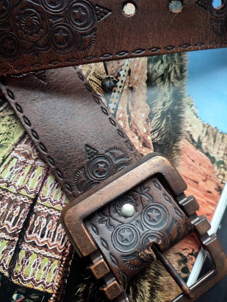 Vintage Tooled Etched Brown Leathers | Bohemian belt with statement print and buckle