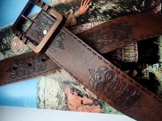 Vintage Tooled Etched Brown Leathers | Bohemian belt with statement print and buckle