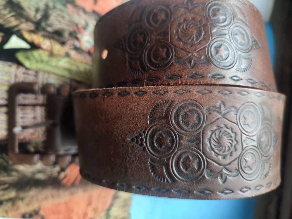 Vintage Tooled Etched Brown Leathers | Bohemian belt with statement print and buckle