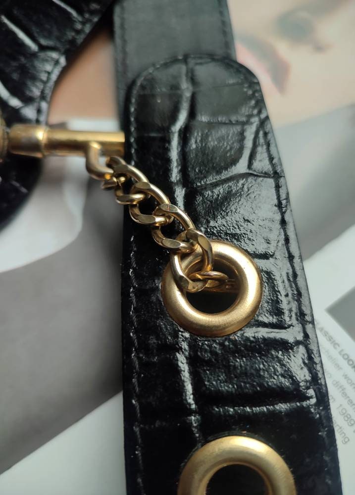 Vintage Vera Perla chain and loop Belt| 90s black belt with gold colored details