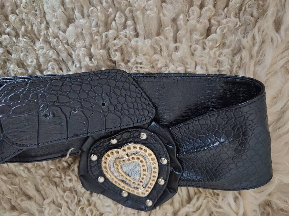 Vintage Waist Belt with Heart Motif| 80s Bohemian inspired black belt with studded and ruffled details