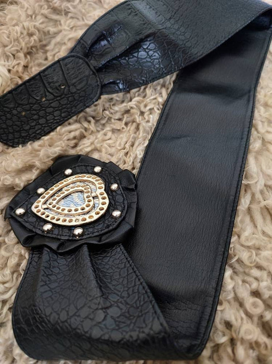 Vintage Waist Belt with Heart Motif| 80s Bohemian inspired black belt with studded and ruffled details