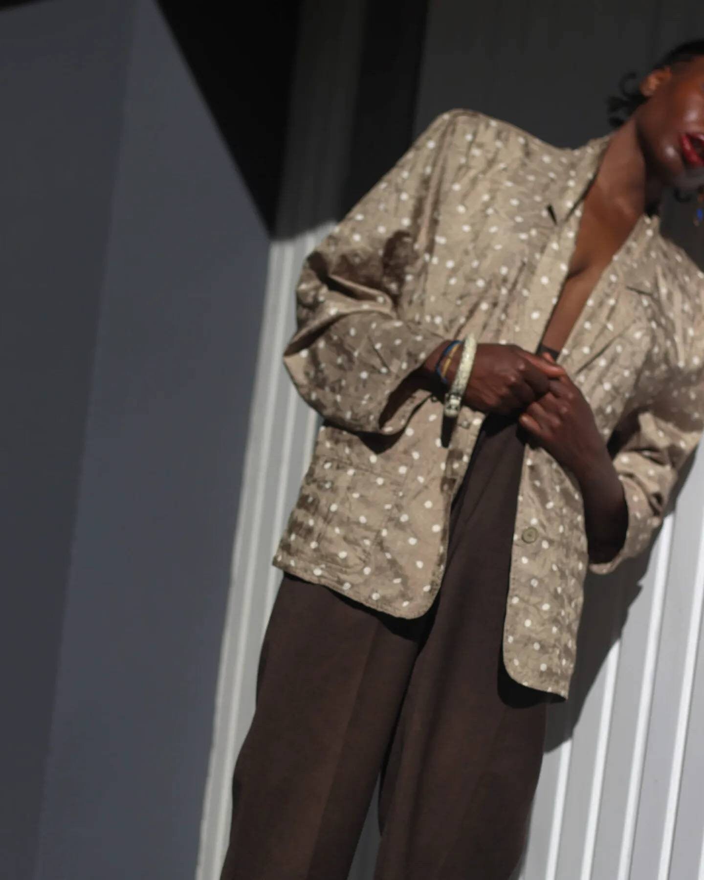 Vintage Polkadotted Blouse | 80s Brown Lightweight blazer