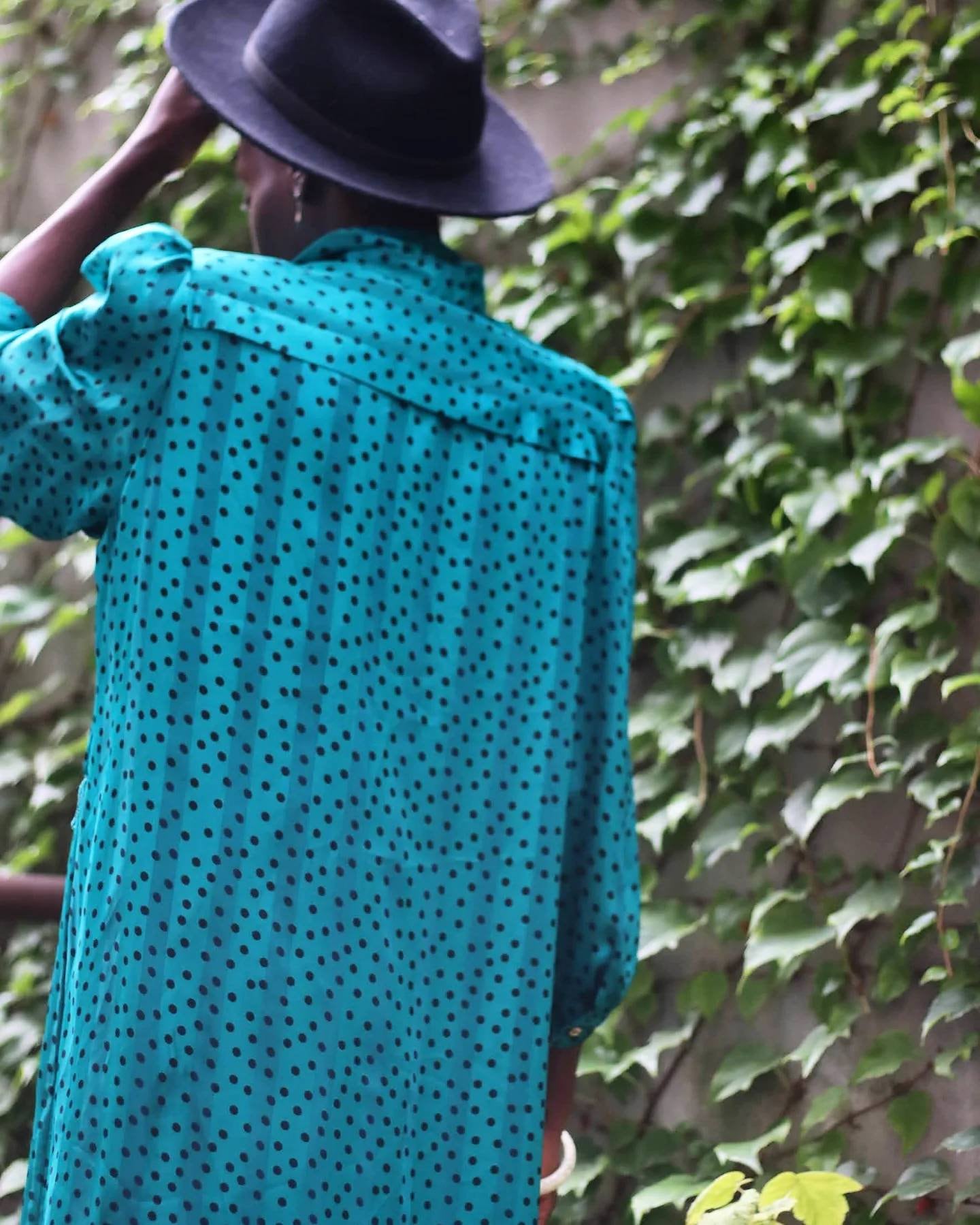80s Fink Modell polka dotted green dress| Vintage drop waist long sleeved quirky dress