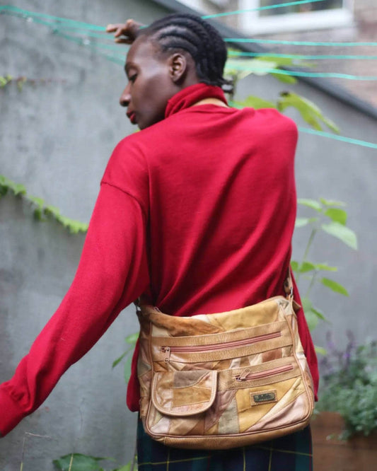 70s patchwork leather shoulder bag| Vintage Juliette brown suede and leather bohemian design