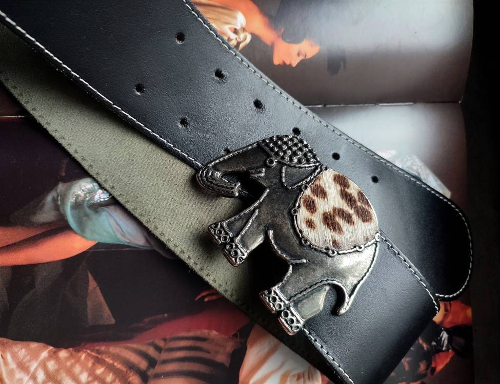 Vintage Elephant Buckle Belt | 80s statement Black leather belt with silver like buckle
