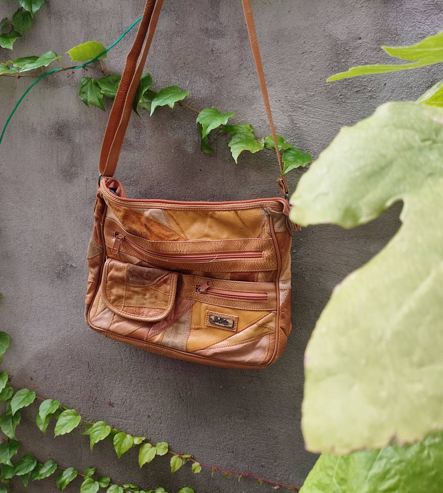 70s patchwork leather shoulder bag| Vintage Juliette brown suede and leather bohemian design
