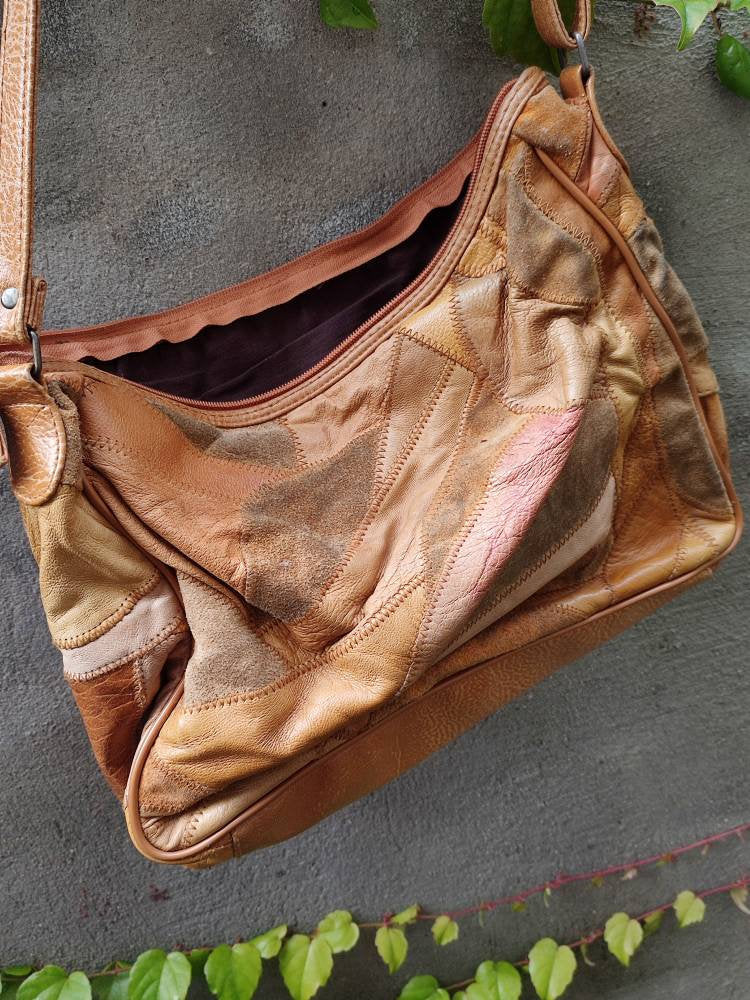 70s patchwork leather shoulder bag| Vintage Juliette brown suede and leather bohemian design