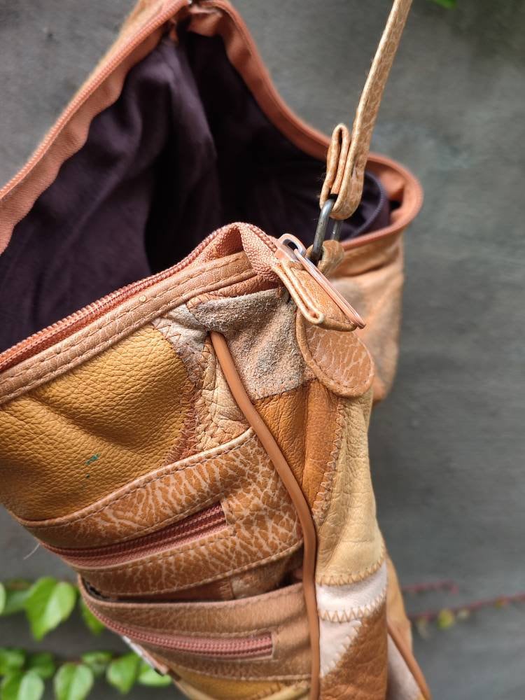 70s patchwork leather shoulder bag| Vintage Juliette brown suede and leather bohemian design