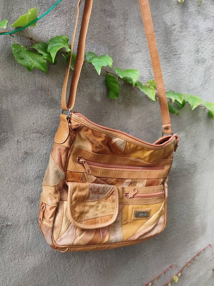 70s patchwork leather shoulder bag| Vintage Juliette brown suede and leather bohemian design