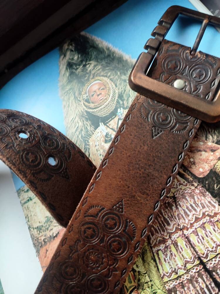 Vintage Tooled Etched Brown Leathers | Bohemian belt with statement print and buckle