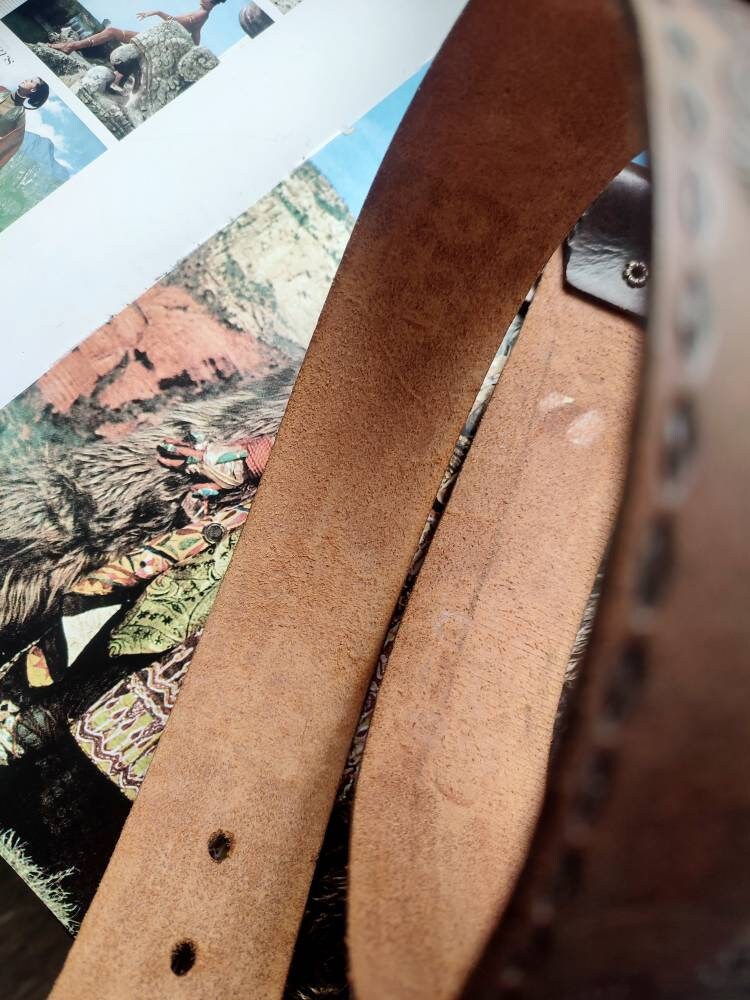 Vintage Tooled Etched Brown Leathers | Bohemian belt with statement print and buckle