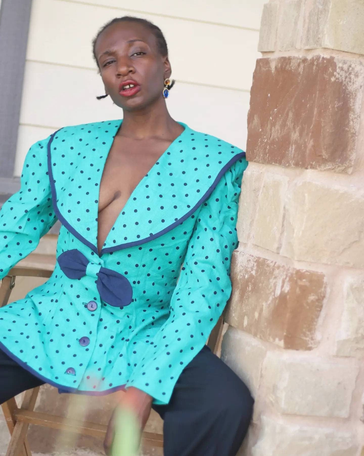 70s Eileen Scott Polka Dotted Blouse| Vintage Green and Black blouse with statement lapels