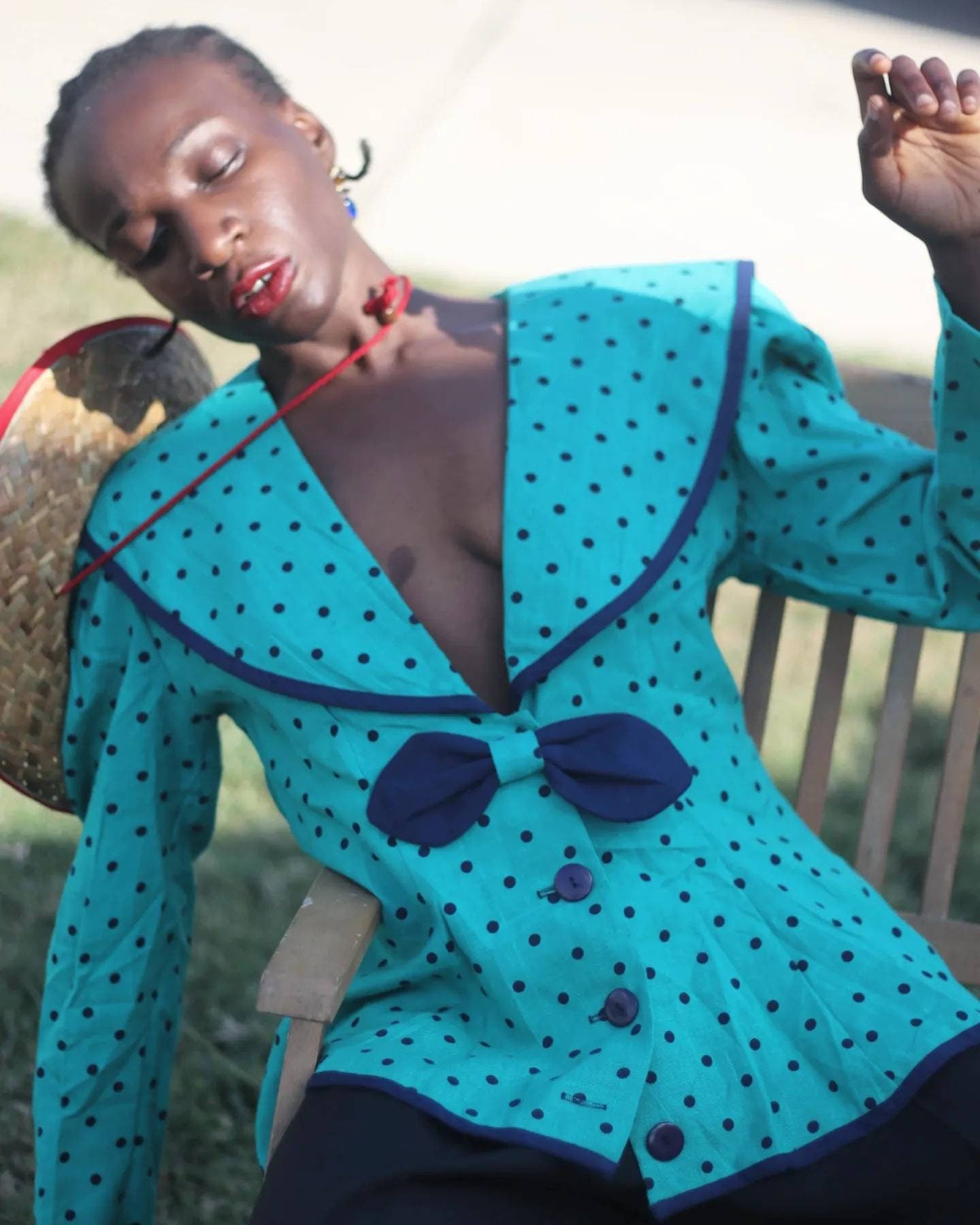 70s Eileen Scott Polka Dotted Blouse| Vintage Green and Black blouse with statement lapels