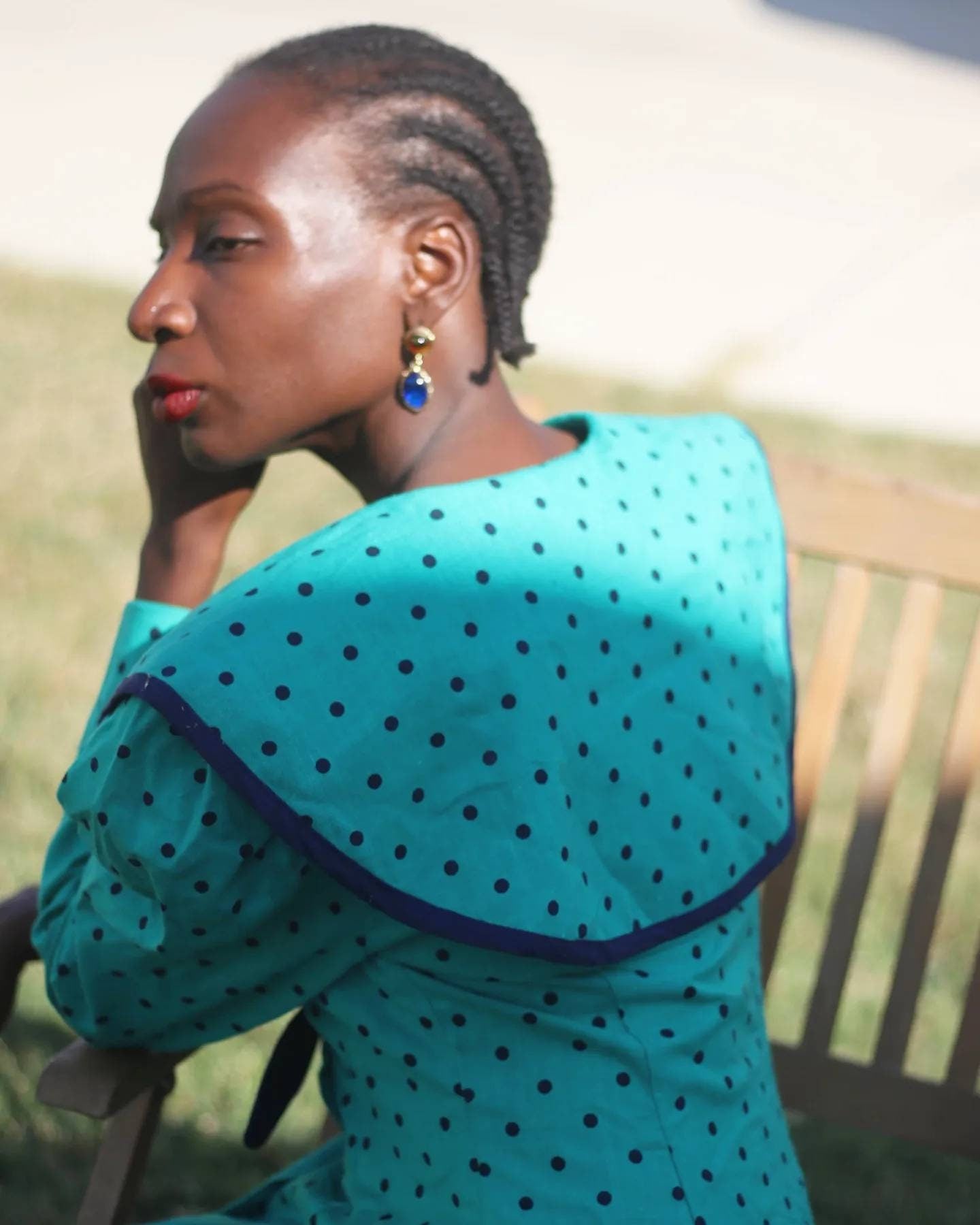 70s Eileen Scott Polka Dotted Blouse| Vintage Green and Black blouse with statement lapels