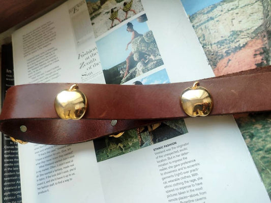 Vintage Leather belt with apple-shapped details| Quirky 90s brown belt with gold-colored studs