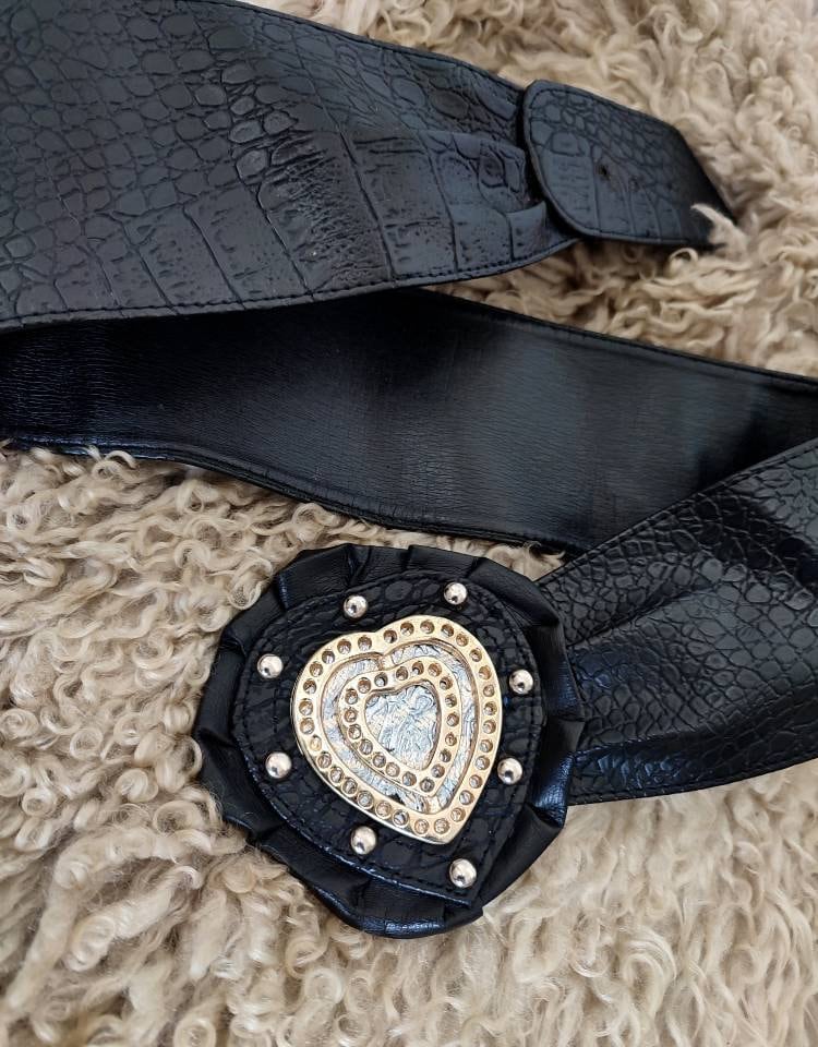 Vintage Waist Belt with Heart Motif| 80s Bohemian inspired black belt with studded and ruffled details