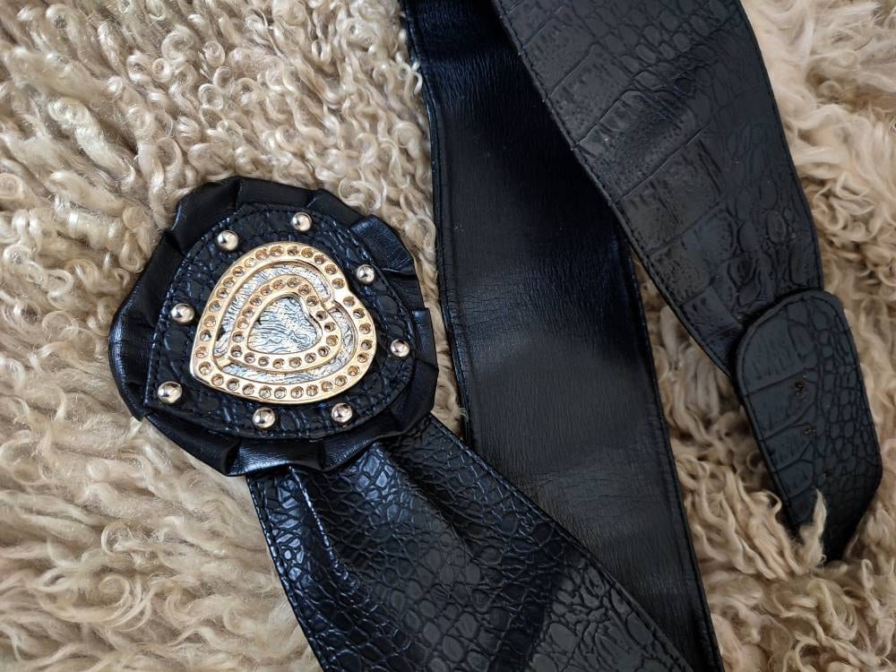 Vintage Waist Belt with Heart Motif| 80s Bohemian inspired black belt with studded and ruffled details