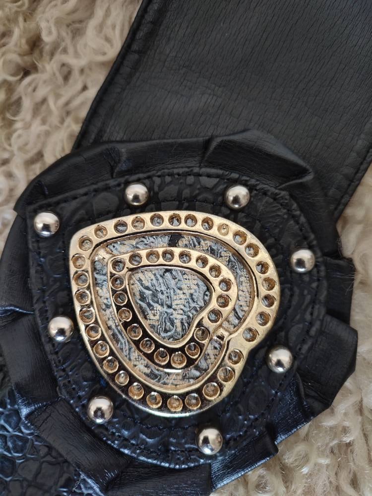 Vintage Waist Belt with Heart Motif| 80s Bohemian inspired black belt with studded and ruffled details