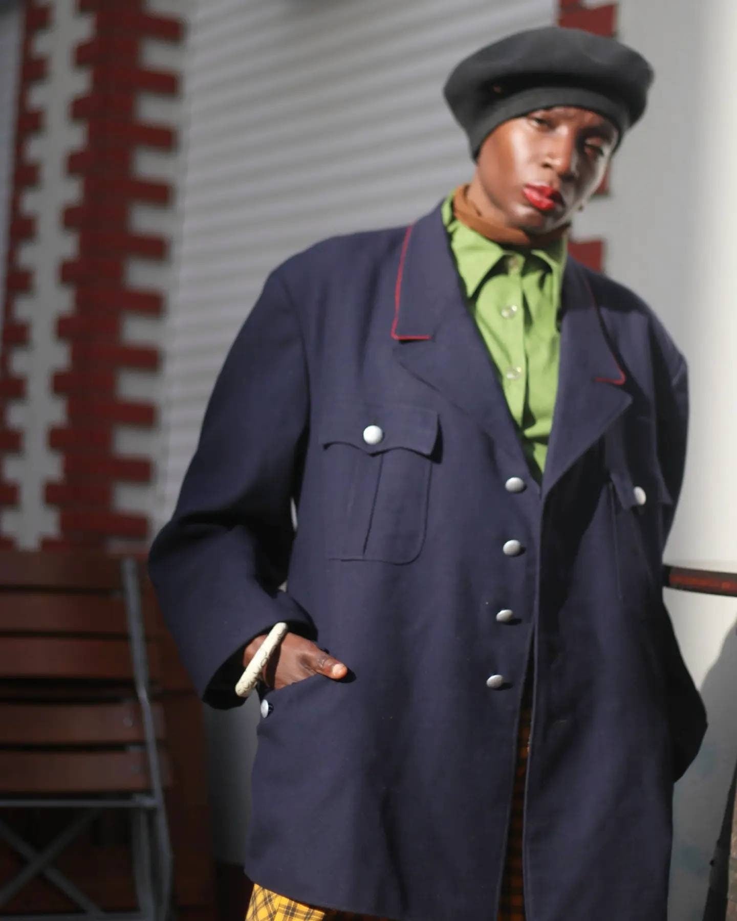 Vintage 70s Military inspired handmade jacket |Unisex Blue blazer with statement red details by sleev