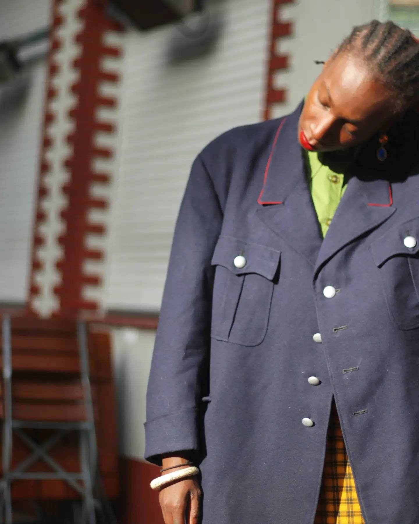 Vintage 70s Military inspired handmade jacket |Unisex Blue blazer with statement red details by sleev