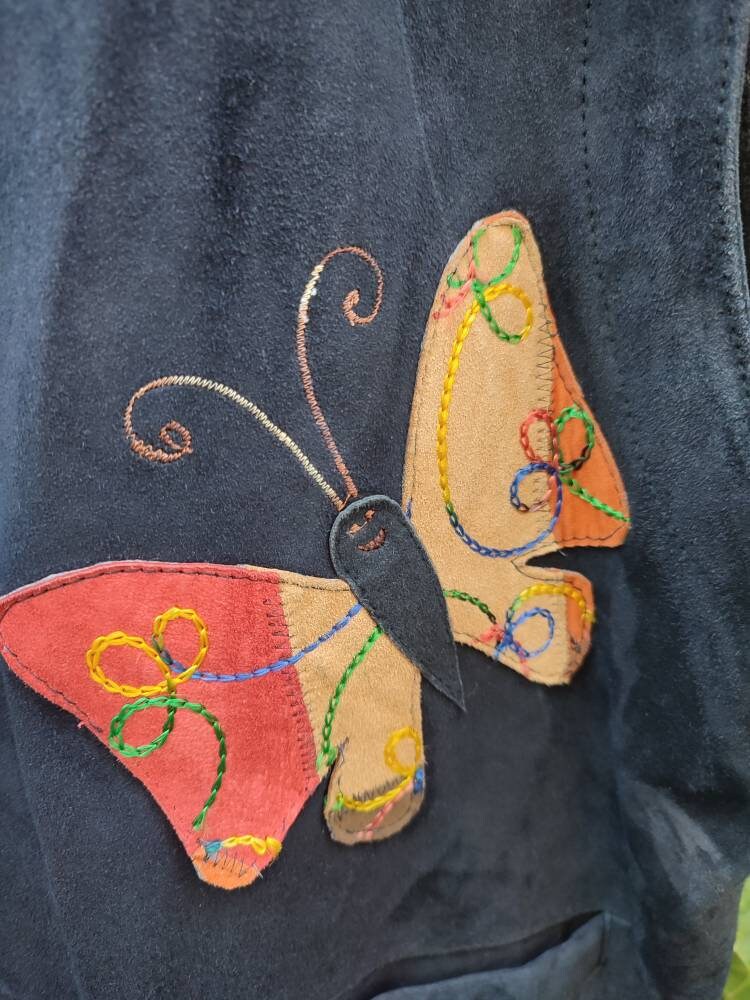 70s Copacabana Black Vest in Leather | Vintage Suede Vest with Butterfly motif| Western unisex vest| Women's leather vest
