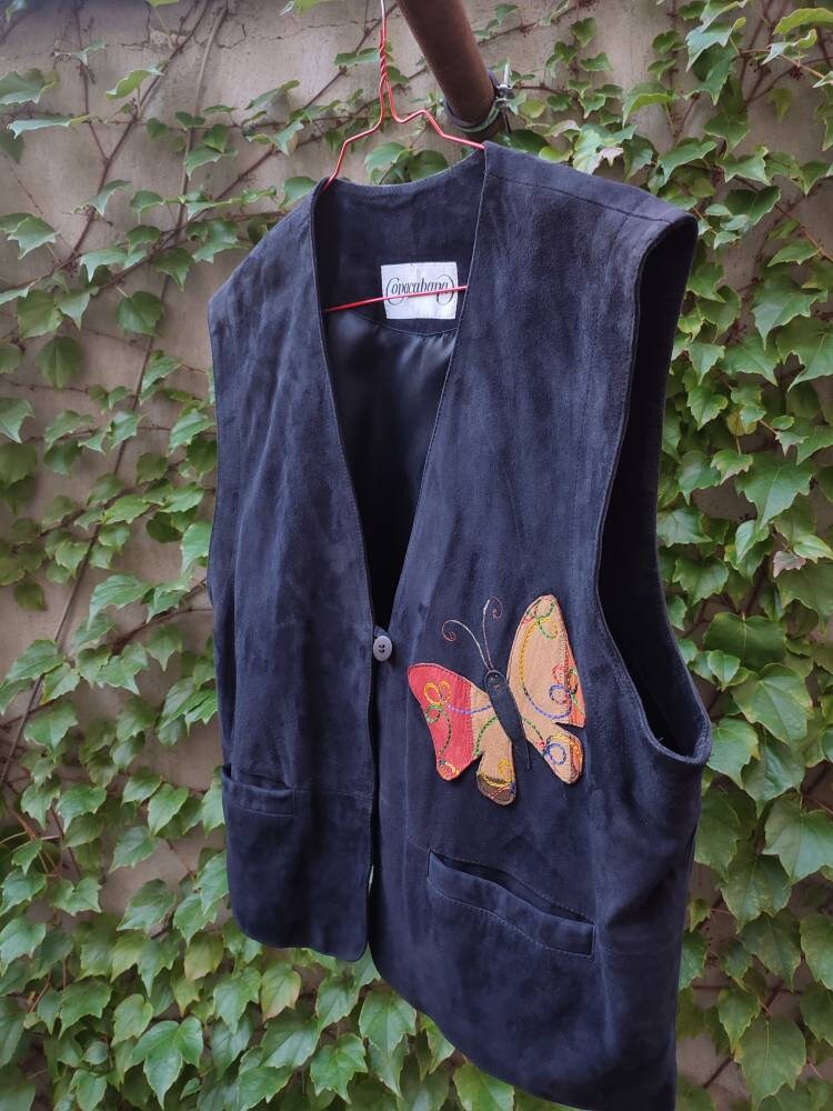 70s Copacabana Black Vest in Leather | Vintage Suede Vest with Butterfly motif| Western unisex vest| Women's leather vest