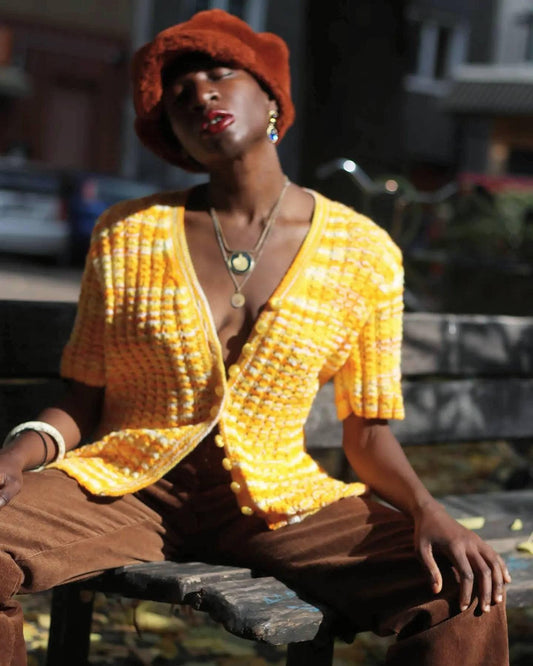 70s handmade orange knit | Vintage bold ombre button down cardigan | retro yellow and orange sweater