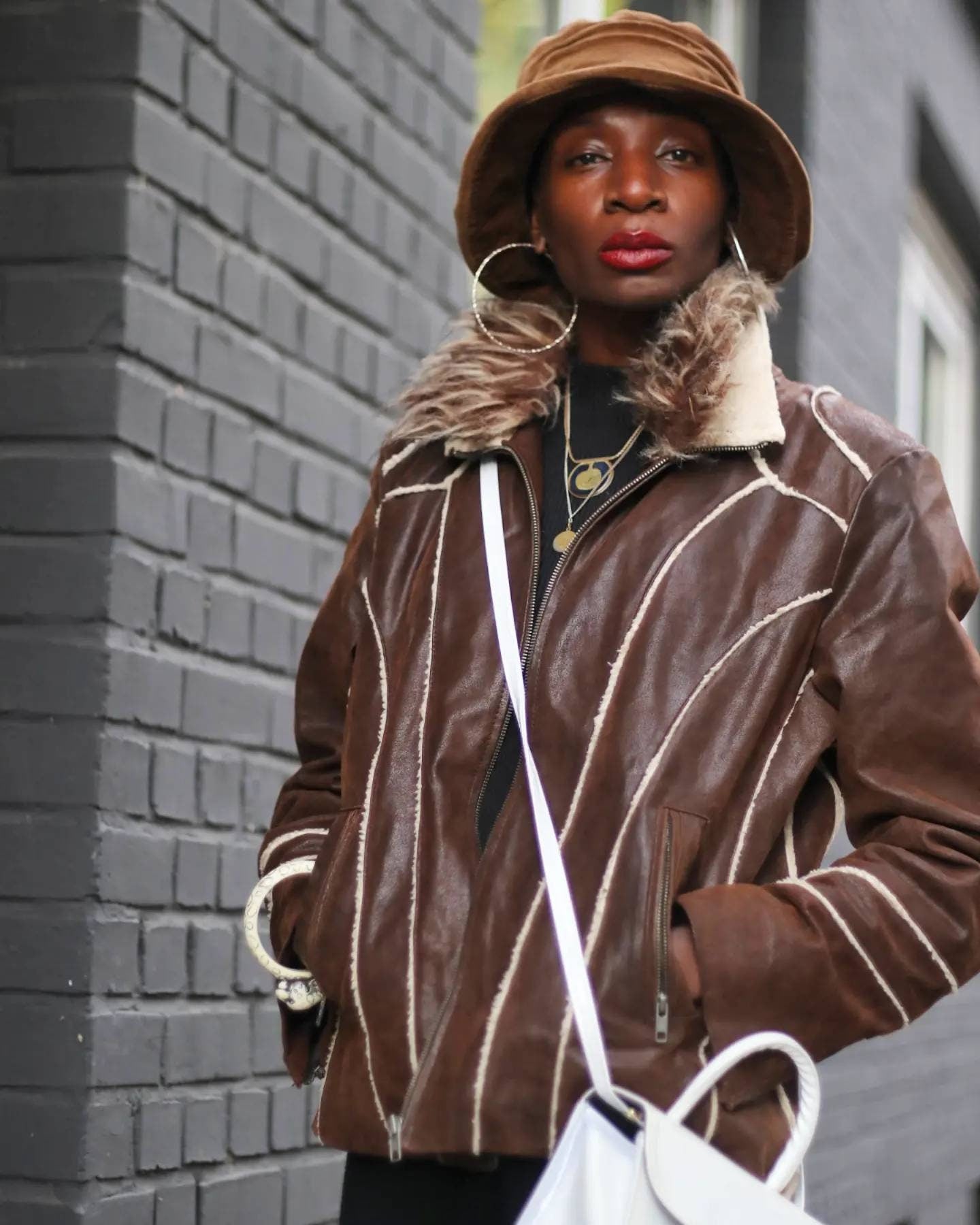 Y2K Leather Jacket with Faux Fur Trimmings| Vintage Brown Fitted Leather Coat with Faux shearling lining |Bohemian Winter Jacket