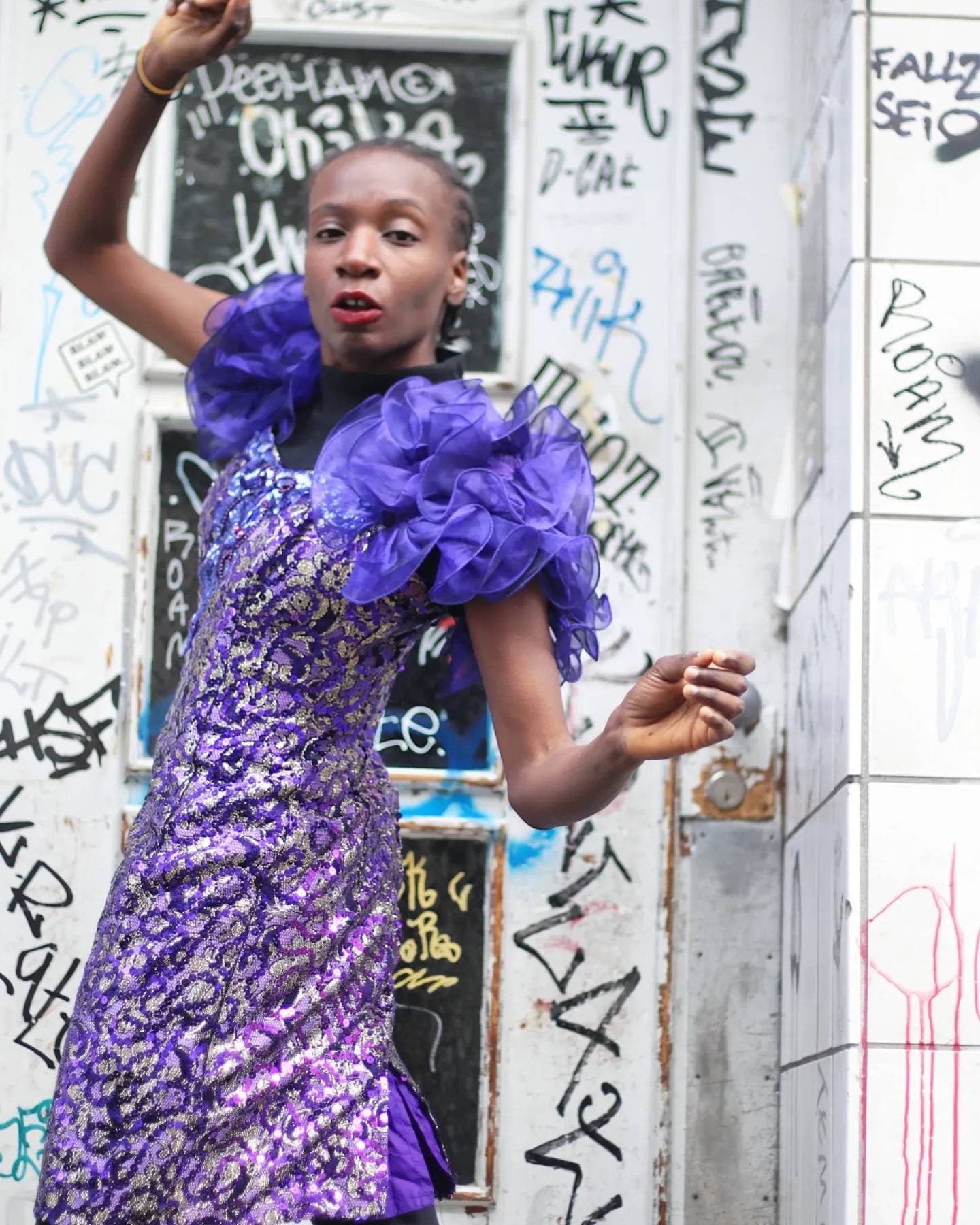 80s Dave & Johnny Sequinned Dress/ Vintage Purple Prom Dress with Statement sleeves /