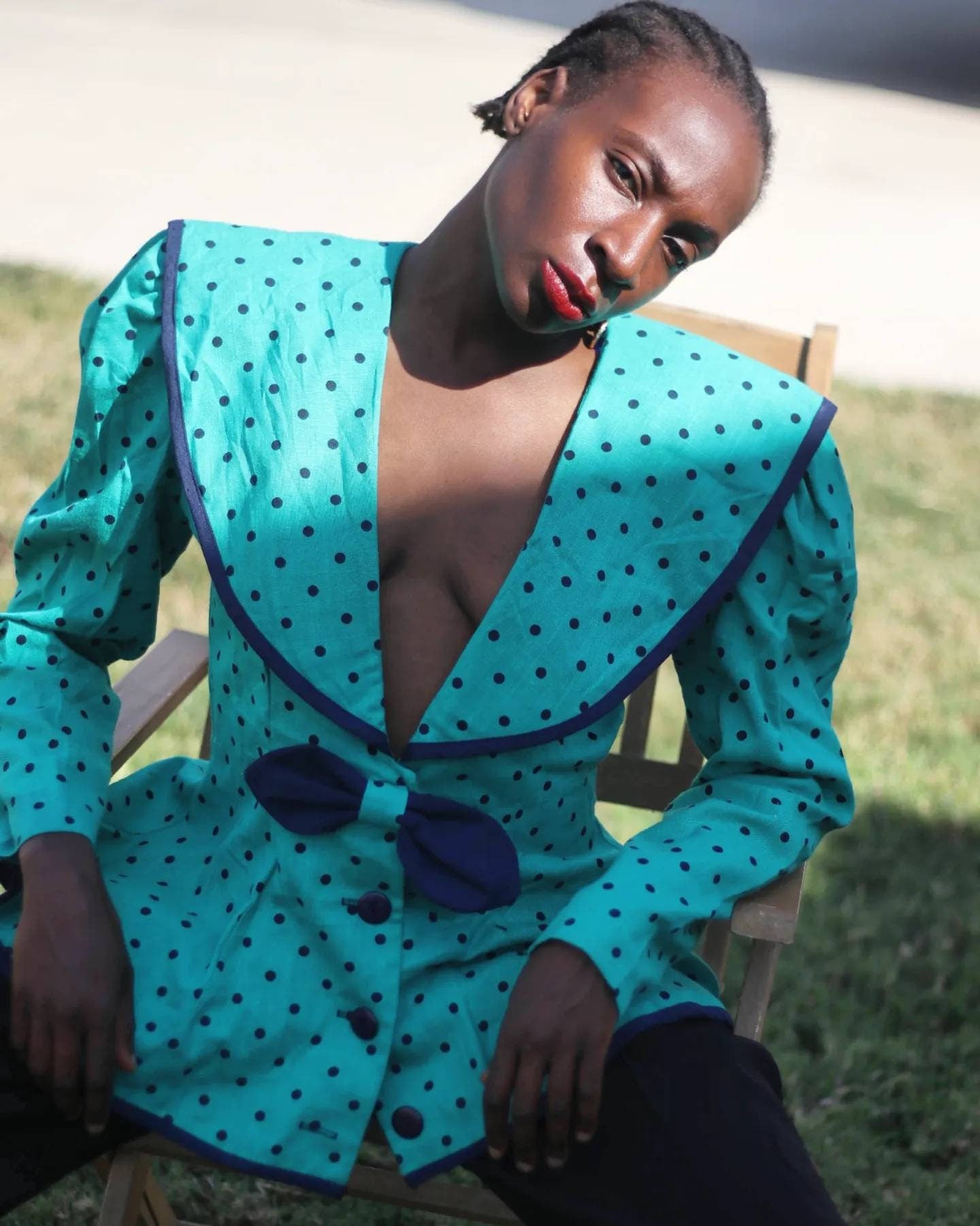 70s Eileen Scott Polka Dotted Blouse| Vintage Green and Black blouse with statement lapels