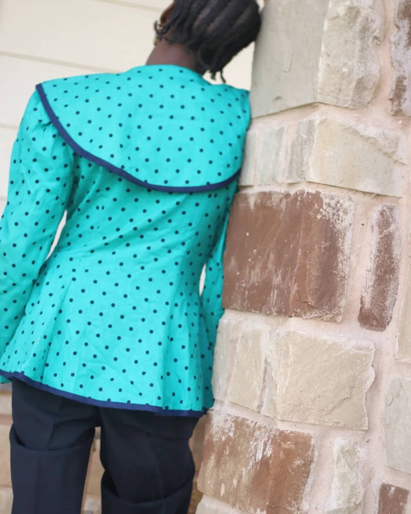 70s Eileen Scott Polka Dotted Blouse| Vintage Green and Black blouse with statement lapels