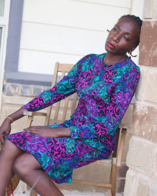 Peri Petites Vintage Paisley Print Dress | Feminine Purple design with long sleeves and zipper at back