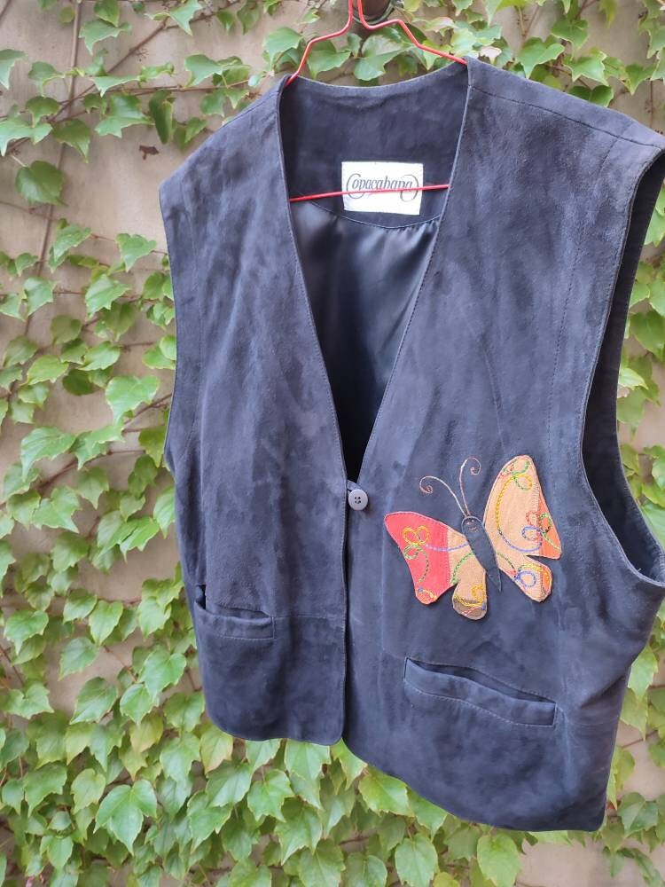 70s Copacabana Black Vest in Leather | Vintage Suede Vest with Butterfly motif| Western unisex vest| Women's leather vest